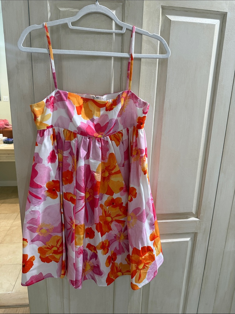 Floral Spaghetti-Strap Mini Dress in Pink & Orange